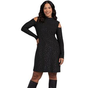 Sympli - Turtle Neck Cold Shoulder Dress- Black Animal Embossed Print- Size 16